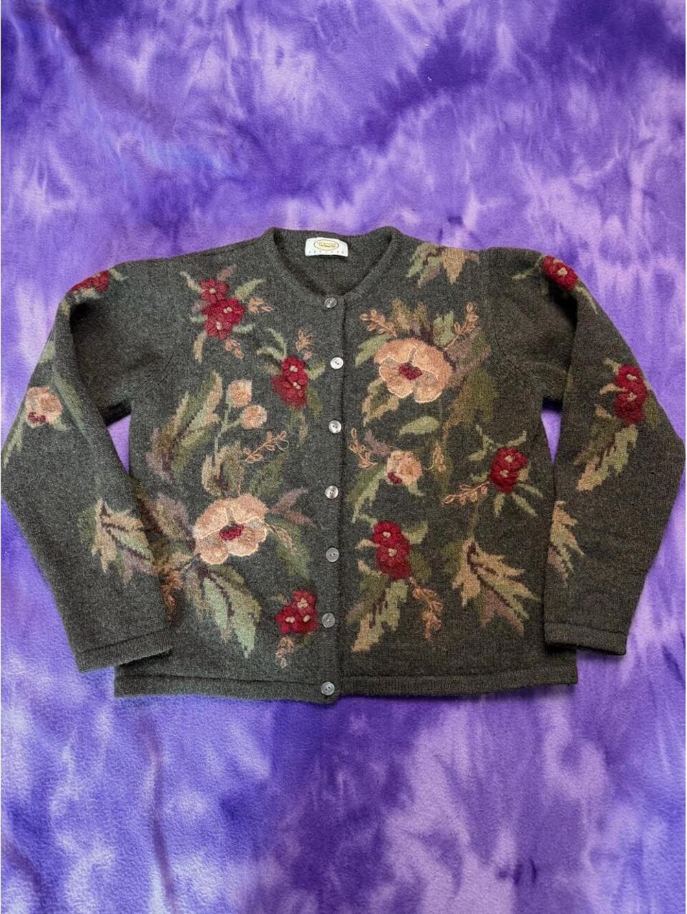 Talbots green floral cardigan with red and beige flowers